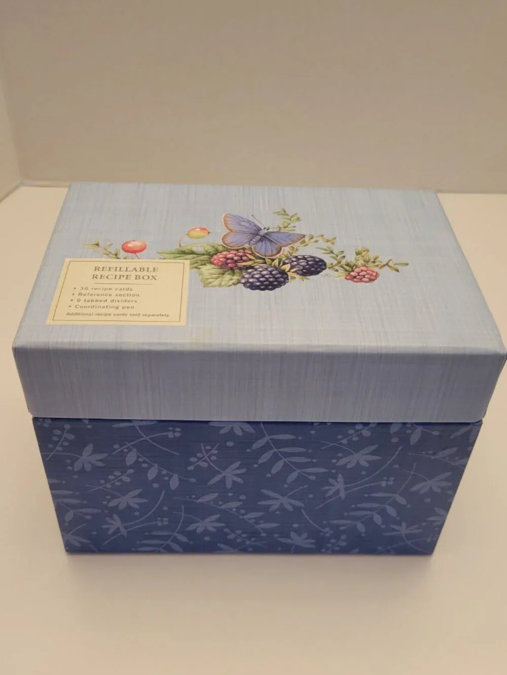 Hallmark Refillable Recipe Box Botanical Butterfly Blue w/ Cards & Dividers